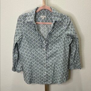 Talbots Blouse button down 3/4 sleeve floral ruffle White Blue Green Medium